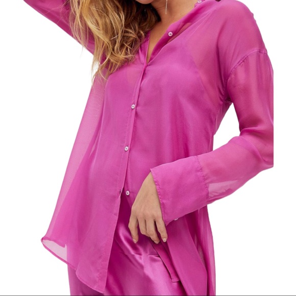 Free People Renata XS, S, M, XL 100% Silk Pink Fuchsia Button Front Tunic Top - Picture 2 of 6